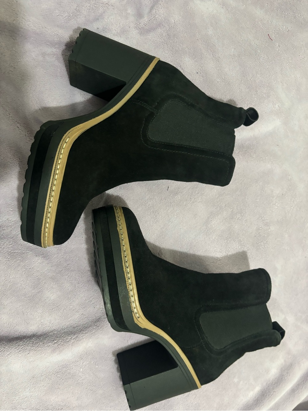 Steve Madden Black Suede Platform Chelsea Booties with Tan Trim